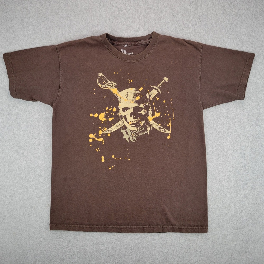 Disney Pirates of the Caribbean T-Shirt Kids L Brown Skull Graphic Tee Y2K